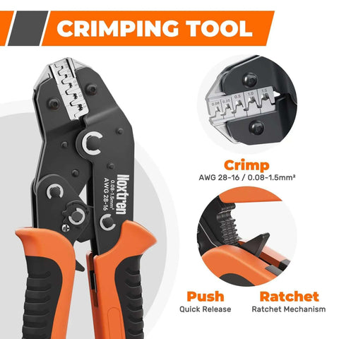 Close-up of 5-In-1 Wire Crimping Tool Ratcheting Crimper showcasing crimping mechanism for AWG 28-16 terminals, orange handle grip.