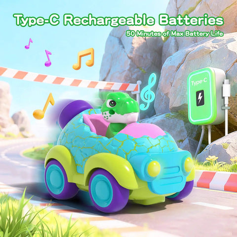 Dinosaur Themed Toddler Remote Control Car With Lights And Music Rechargeable RC Vehicle For Ages 2 3 4 on a colorful track