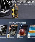 Cordless tire inflator in use, with close-up of LCD display, from Beefy Go-To Portable Jump Starter With Air Compressor For Cars And Trucks.