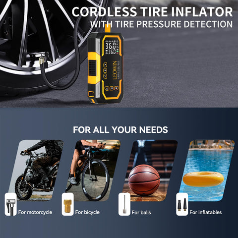 Cordless tire inflator in use, with close-up of LCD display, from Beefy Go-To Portable Jump Starter With Air Compressor For Cars And Trucks.