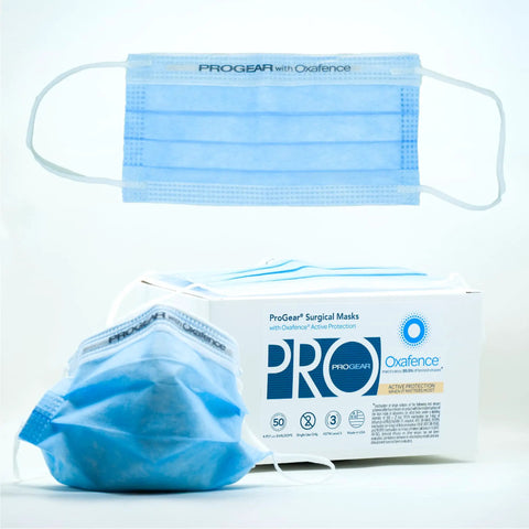 Image of a blue Protective Face Mask With Virus Inactivation Tech FDA Cleared ASTM Level 3 Medical Grade Surgical Mask and its packaging.