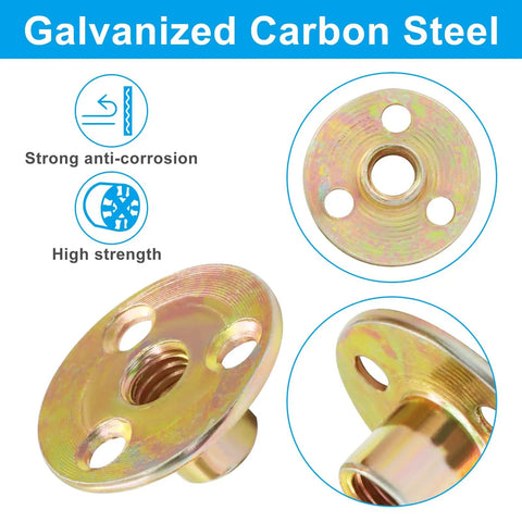 Built Like A Tank And No Sweat To Install These Galvanized Carbon Steel Heavy Duty Brad Hole Tee Nuts Pack Of 16 Coming With 48 Mounting Screws 3/8 Inch 16 Thread For Shop Jobs, close-up of galvanized tee nut showing design.