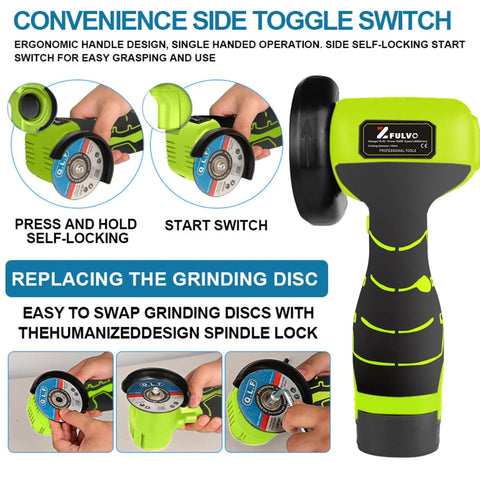 Cordless Angle Grinder Kit With 19500rpm High Speed, No Cords Convenience, ergonomic handle, visible discs, side toggle switch