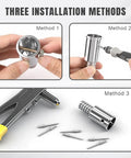Aluminum Threaded Mop Handle End Repair Kit And Extension Pole Adapter Set Dual Pack showing three installation methods for home cleaning tools.