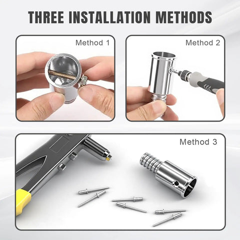 Aluminum Threaded Mop Handle End Repair Kit And Extension Pole Adapter Set Dual Pack showing three installation methods for home cleaning tools.