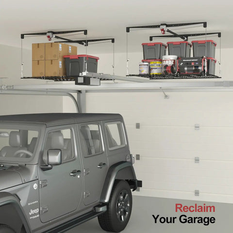 Heavy Duty Overhead Garage Storage Rack For 10 To 12 Ft Ceilings With A Slick Drop Down Release And Rock Solid Safety Locks 4X4 Foot Ceiling Loft Organizer 250 Lb Capacity Max Out Your Space