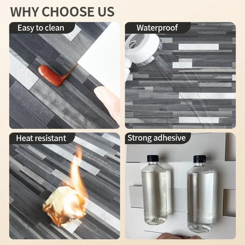 Image showing Peel And Stick Backsplash Tile Set With Black And Grey Wood Grain Look PVC Mixed Metal Finish, 10 Sheets Covering About 9.26 Sq Ft, Strong 3M Adhesive Backing demonstrated for easy cleaning, waterproof, heat resistance, and adhesive strength with various items.