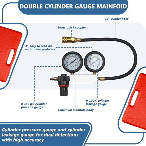 Handor leakdown detector kit with dual gauges, aluminum manifold and 19-inch hose for engine testing