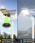 1000W Solar Street Light Dusk To Dawn 80000LM LED Beast Mode Brightness Outdoor Flood Light with charging indicator, day and night use.