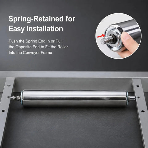 5 Pack Replacement Conveyor Rollers For Distribution Centers, Heavy Duty Workhorse Kit With 25mm 38mm And 50mm Diameters, spring-retained steel roller in conveyor frame