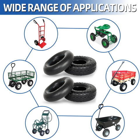 Heavy Duty 10 Inch Replacement Tire and Inner Tube Set 4.10/3.50-4 shown with compatible hand truck and cart images