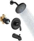 Matte Black Shower Tub Faucet Set With Pressure Balance Valve, Wall Mount Trim Kit, 6 Inch Tub Spout, Rough In Valve, Shower Head