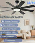 52 Inch Ceiling Fan With Light And Remote, Reversible DC Motor, Dimmable LED With 3 Color Temperatures, Timer, Whisper Quiet Black Ceiling Fan displayed in living room setting.