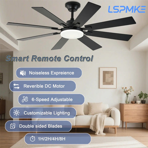 52 Inch Ceiling Fan With Light And Remote, Reversible DC Motor, Dimmable LED With 3 Color Temperatures, Timer, Whisper Quiet Black Ceiling Fan displayed in living room setting.