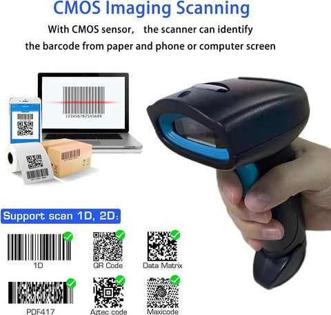 Hassle Free Wireless Bluetooth Barcode Scanner Cordless 1D 2D QR Code Reader with CMOS sensor for fast scanning.