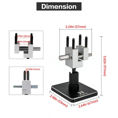 2 In 1 Mini Portable Table Vise With Full Angle Control, Aluminum Ball Base For 360 Degree Rotation And 90 Degree Tilt, Perfect For Precision Model Making, Jewelry Repair, DIY Projects And Craft Fixes dimension view with measurements
