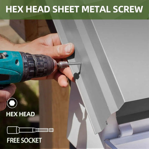 Kickass Heavy Duty Size Fourteen By One Inch Sheet Metal Screws Self Drill Through Panels Using Hex Washer Heads For Swift Bolt Down Work Crafted From Tough Four Hundred Ten Stainless Steel To Beat Rust Includes One Hundred Flat Flanged Fasteners In being used with a drill on metal siding.