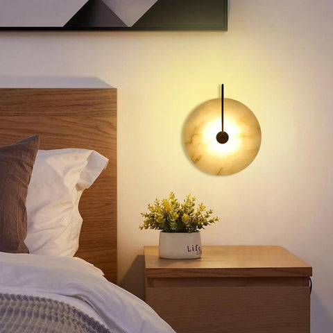 Nordic Style Stone Wall Lamp With Alabaster Finish, Metal Base Indoor Sconce above nightstand in modern bedroom