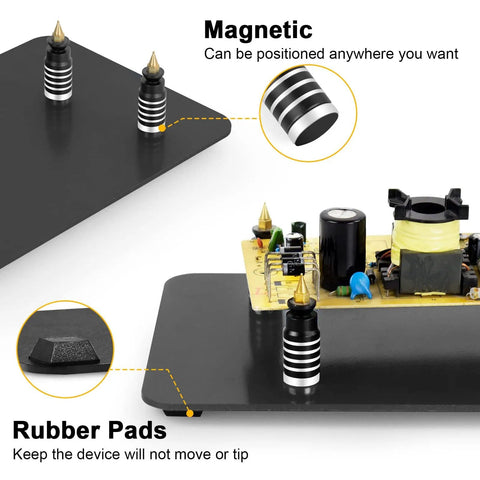 Heavy Duty Magnetic Soldering Third Hand With Three LED Magnifying Lamp, steel base showing magnetic and rubber pad features