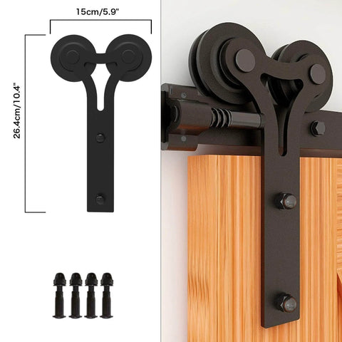 12ft Sliding Barn Door Hardware Kit With Floor Guide And Premium Nylon Roller Wheels For Double Wooden Doors Up To 36 Inch Wide Frosted Black Finish Ideal For Weekend DIY Projects Like Laundry Room, Or Cabinet Makeovers, showing track and rollers installed on door