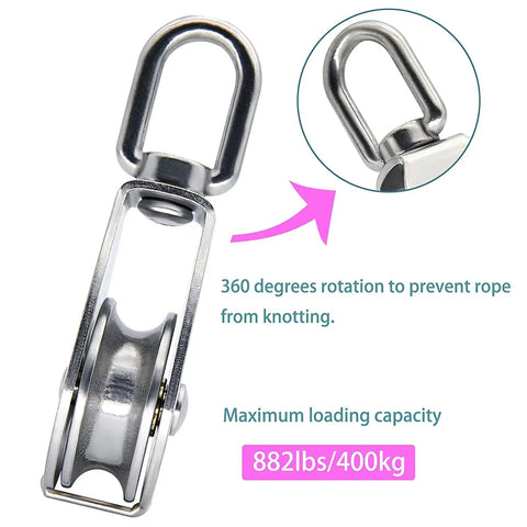 Beefy Heavy Duty Two Pack Double D Handles For Pulleys, 360 Degree Swivel Block, U Shaped Pulley Gear, 150Kg Bearing Capacity, 330.69Lb Rating, Great For Boat Lifts, Tackle Systems, And Pulley Assemblies. Stainless steel pulley block with 360° swivel, 400kg rating.