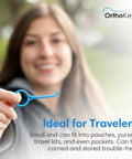 Clear Aligner Removal Tool For Braces Retainers And Dentures Hygienic On The Go Orthodontic Cleaner And Remover Key Portable 2 Pack Blue Dental Grade For Easy Travel And Everyday Use held in hand