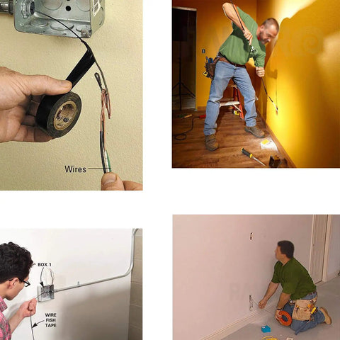 Wxtools 100 Ft Fish Tape For Electric Wire Pulling Reel with durable handle used by a man in green during wiring installation.