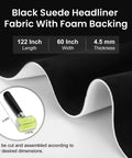Topfurn suede headliner fabric with foam backing, black, 122x60 in, front view with rubber roller and craft knife