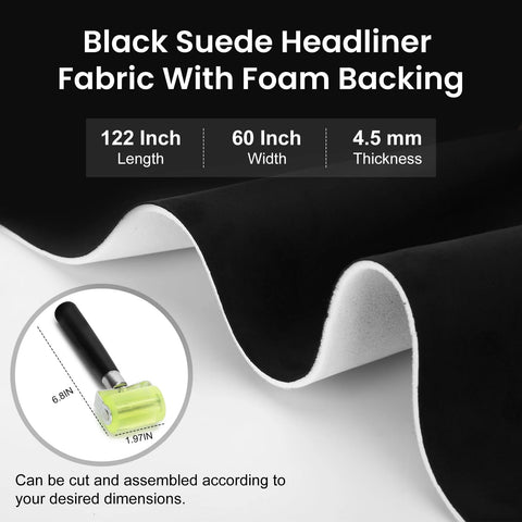 Topfurn suede headliner fabric with foam backing, black, 122x60 in, front view with rubber roller and craft knife