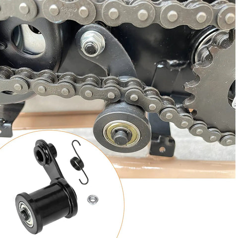 Chain Tensioner With 1-3/4 Inch Roller For Powersports Mini Bikes installed on a drive chain system showing roller and alignment components