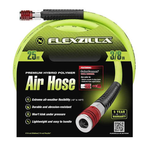 Heavy Duty Lightweight Hybrid Air Hose 3/8 Inch By 25 Feet With ColorConnex Type D Coupler And Plug packaging