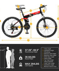 All Terrain Folding Mountain Bike For Adults With 21 Speed Shifting, Full Suspension, showing dimensions and specifications