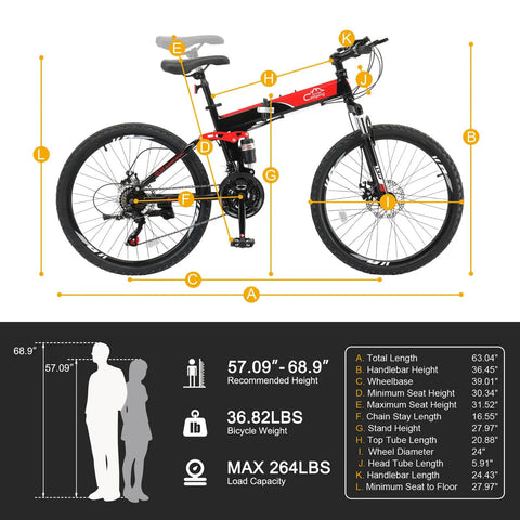 All Terrain Folding Mountain Bike For Adults With 21 Speed Shifting, Full Suspension, showing dimensions and specifications