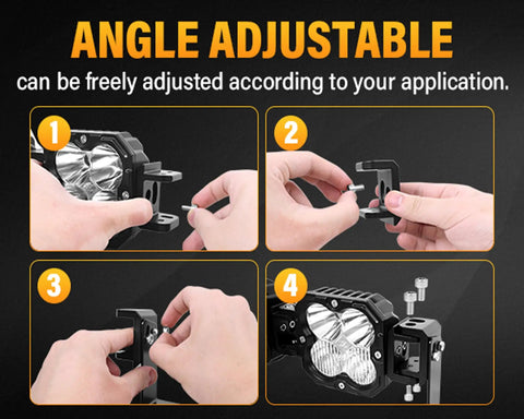 Hands demonstrating installation of XLK Series Linkable Mounting Brackets Kit for LED Light Bars, showing angle adjustability steps.