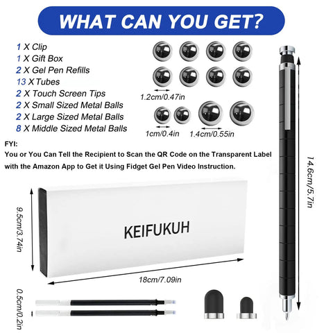Components of Fidget Gel Pen Gift For Men With A Dope Playful Twist And Practical Use, displayed with measurements and packaging