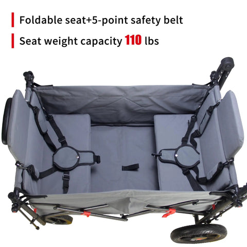 Top view of All Terrain Collapsible Wagon Cart With Canopy And Two Seats For Camping, Garden, And Shopping, grey, with safety belts.