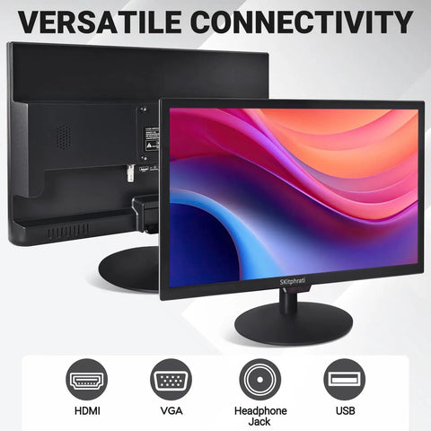 19 Inch HD 1440x900 LED Computer Monitor With Built In Speakers showing front and back views with HDMI VGA USB ports