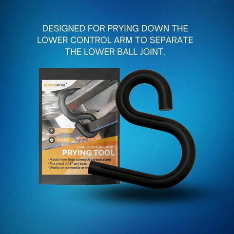 Beefy Half Ton Lower Control Arm Prying Tool With 13mm Wire Black Powder Coat Pro Grade Suspension Bushing Remover Works With Seven Eighths Inch Pry Bar Front End Automotive Repair Tool That Gets The Job Done displayed on blue background.