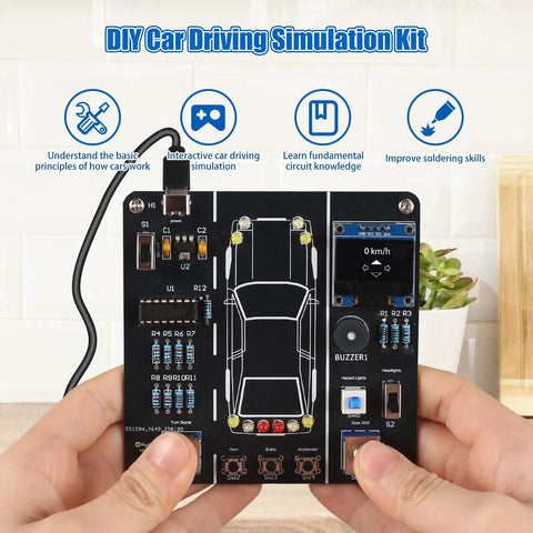Hands holding DIY Car Driving Simulation And Soldering Practice Kit For High School And College Students with circuit board and controls.