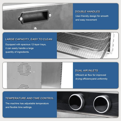 Features of Rock Hard Electric Food Dehydrator With 12 Sturdy Trays And A Roaring 1200 Watt Motor, showing double handles and air inlets.