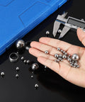 Hand holding 6.5mm Stainless Steel Bearing Balls, 100 Pcs, G100 Precision Mirror Finish, 304 Grade For Bearings with caliper and case