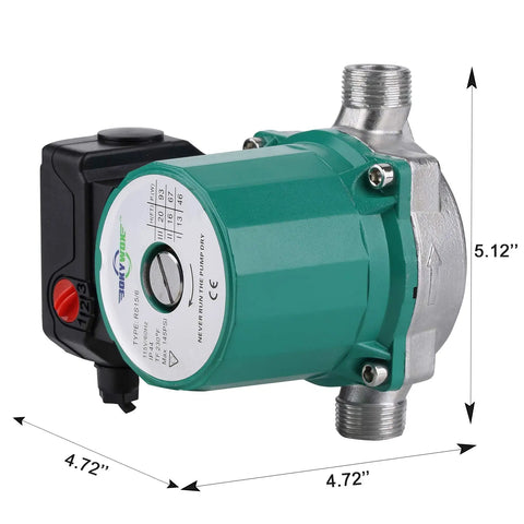 Heavy Duty 3 Speed Hot Water Circulation Pump For Households And Mansions Food Grade Stainless Steel Build side view with dimensions