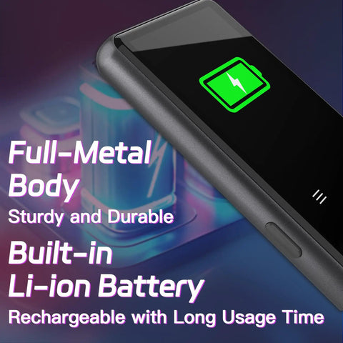 Side view of 128GB Bluetooth MP3 Player with full-metal body and battery icon on screen, showcasing durability and battery life features.
