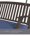 Close-up of dark blue cushion and slatted back of Two Seat Patio Swing With Adjustable Tilt Canopy Outdoor Porch Swing Farmhouse Style
