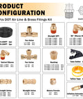 Product configuration of 84 Pcs DOT Air Line & Brass Fittings Kit, including hoses, tee unions, elbows, and NPT fittings, detailed layout.