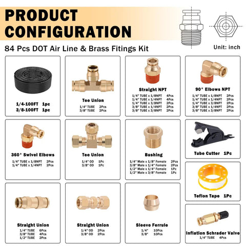Product configuration of 84 Pcs DOT Air Line & Brass Fittings Kit, including hoses, tee unions, elbows, and NPT fittings, detailed layout.
