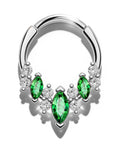 Silver nose ring with green and clear stones, showcasing intricate design with crystals, fits septum, daith, and helix piercings.
