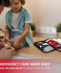 Front view of All-Purpose First Aid Kit, 184-piece, open black case with red trim