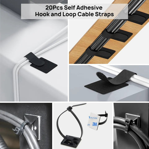 Cable Management Kit For TV And Computer Setup With 4 Cable Sleeves 57 Self Adhesive Clips showcasing various cable straps and ties