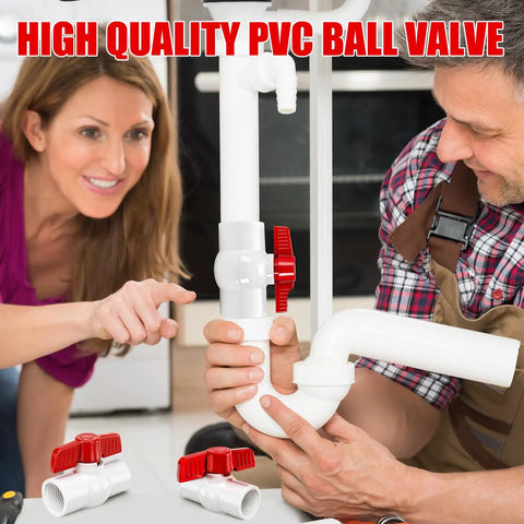 Couple discussing plumbing with Five Pack 1 Inch PVC Ball Valves With T Handle Water Shut Off installed on pipe